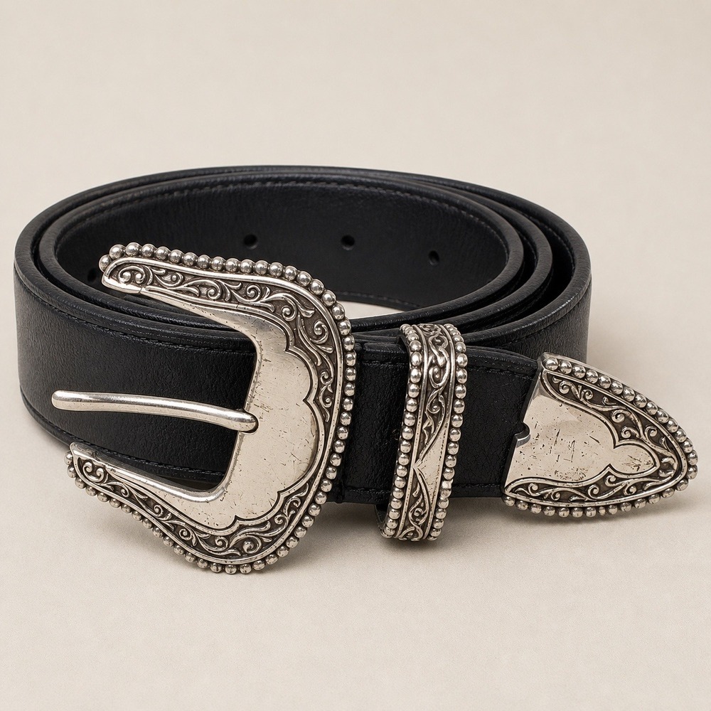 Genuine Leather Western Belt Black Silver Buckle 37-40.5 Cowboy Cowgirl